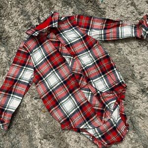 18M boys plaid onesie (red, green, navy stripes)